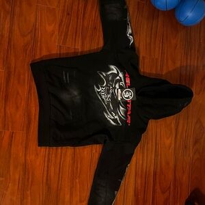 Black Airbrushed Hellstar Hoodie, Blod graphic accents of red and white